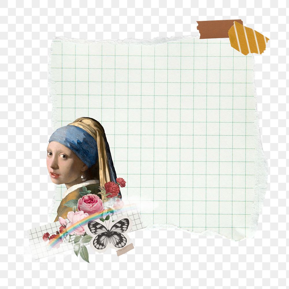 Vermeer girl png paper note sticker, transparent background. Famous art remixed by rawpixel.