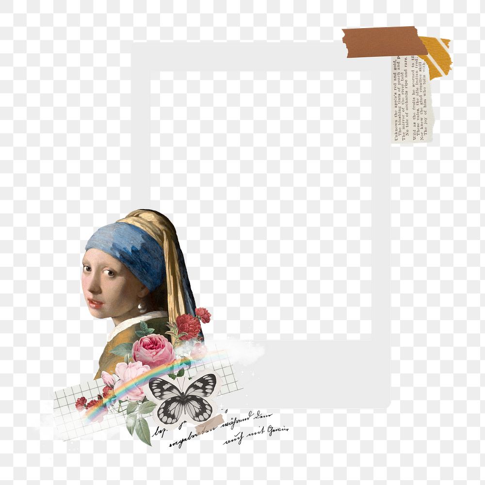 Vermeer girl png instant photo frame sticker, transparent background. Famous art remixed by rawpixel.