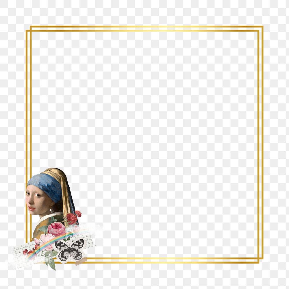 Vermeer girl png gold frame, transparent background. Famous art remixed by rawpixel.