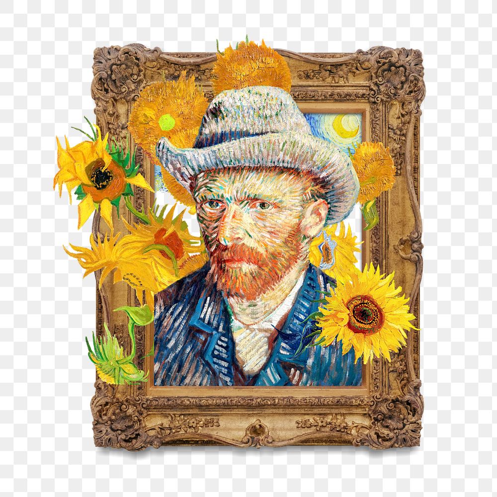 Framed artwork png Van Gogh's self-portrait sticker, transparent background, remixed by rawpixel