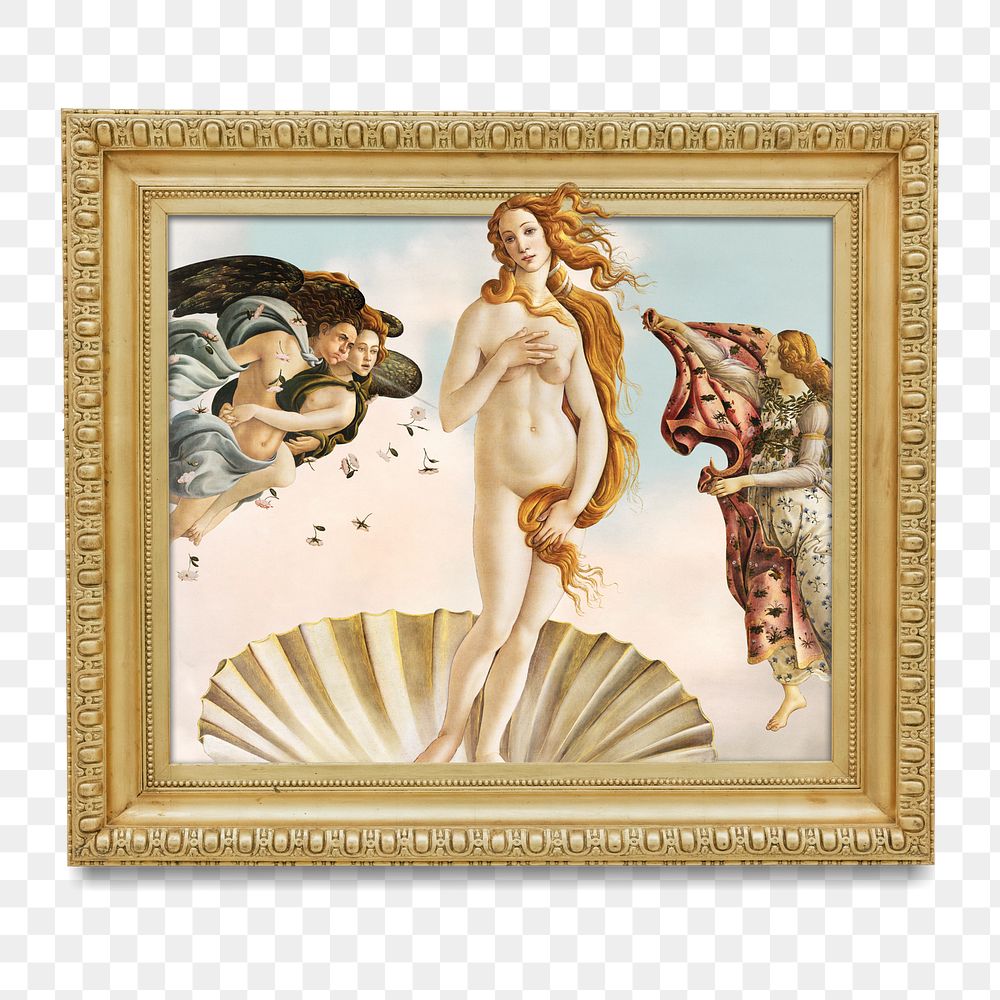 Framed artwork png the Birth of Venus by Sandro Botticelli sticker, transparent background, remixed by rawpixel