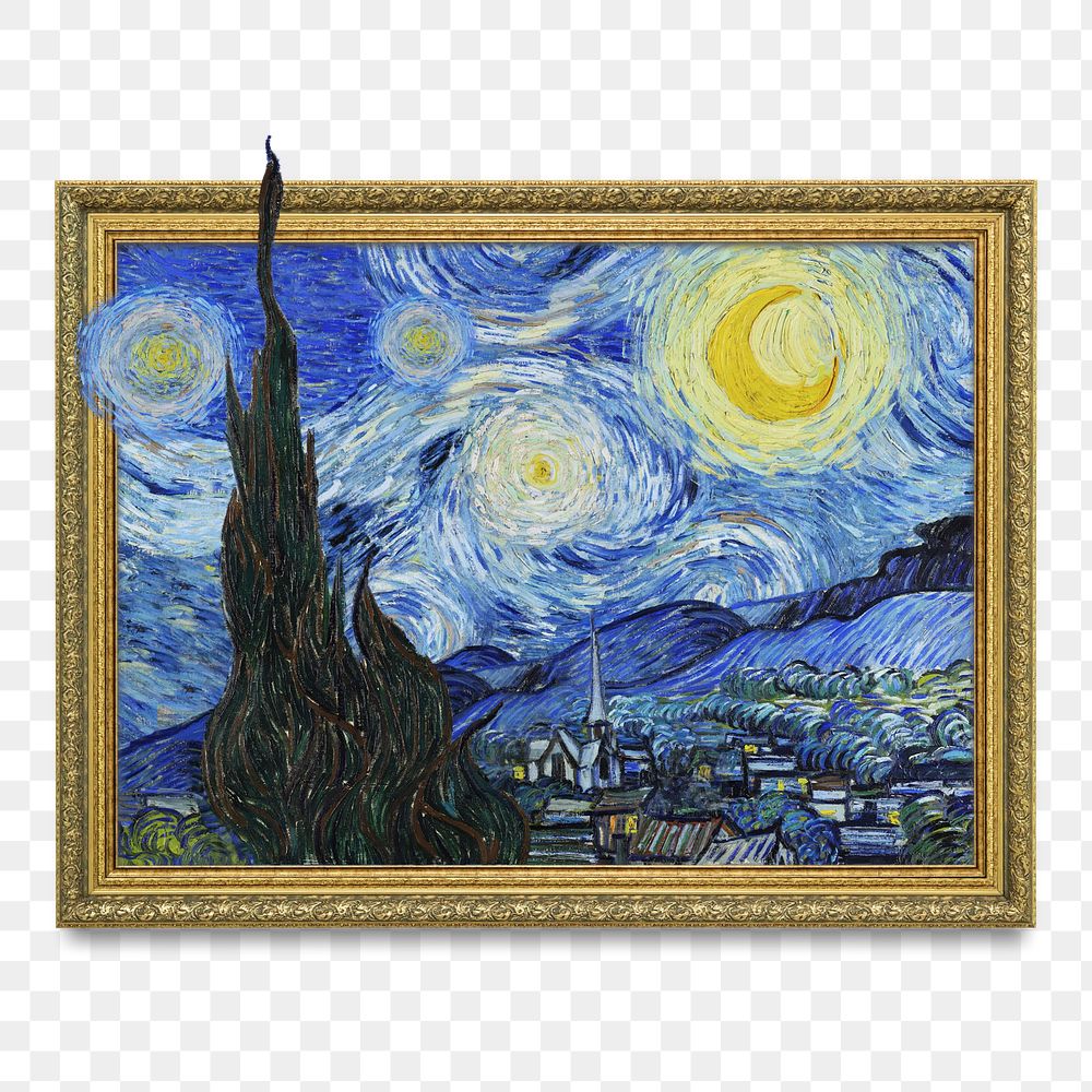 Starry Night png Van Gogh's painting in gold frame sticker, transparent background, remixed by rawpixel