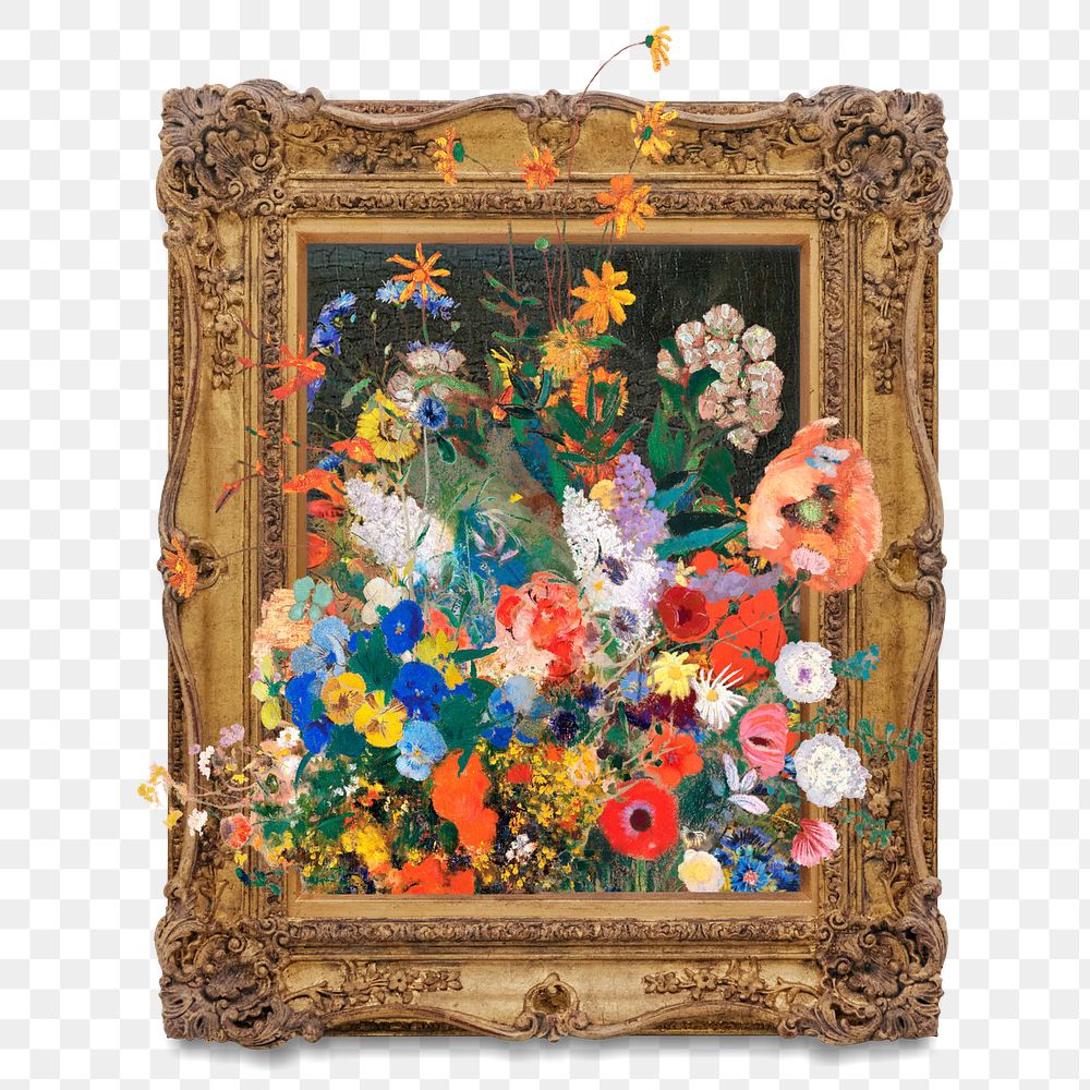 Gold frame png Van Gogh's flower painting sticker, transparent background, remixed by rawpixel