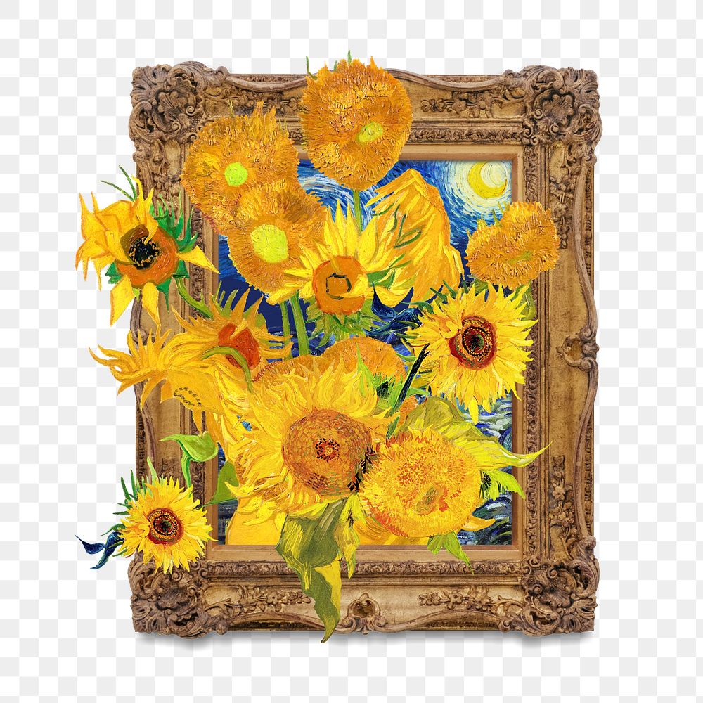Gold frame png Van Gogh's Sunflowers painting sticker, transparent background, remixed by rawpixel