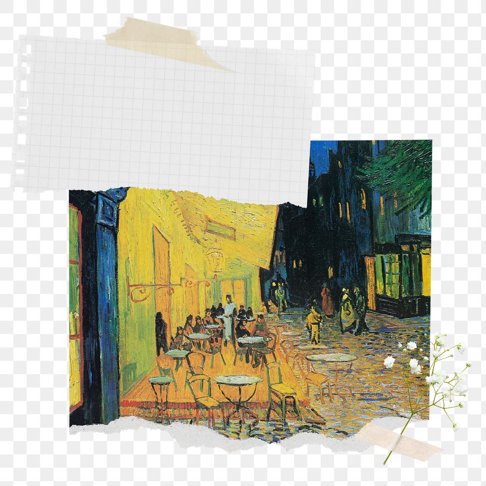 Notepaper png Van Gogh's Caf&eacute; Terrace at Night sticker, transaprent background, remixed by rawpixel