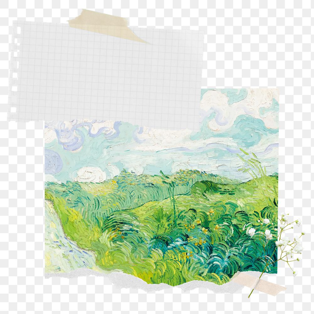 Famous painting png Van Gogh's Green Wheat Fields notepaper sticker, transparent background, remixed by rawpixel