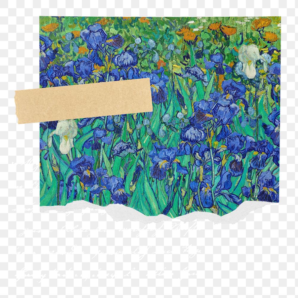 Famous painting png Van Gogh's irises notepaper sticker, transparent background, remixed by rawpixel