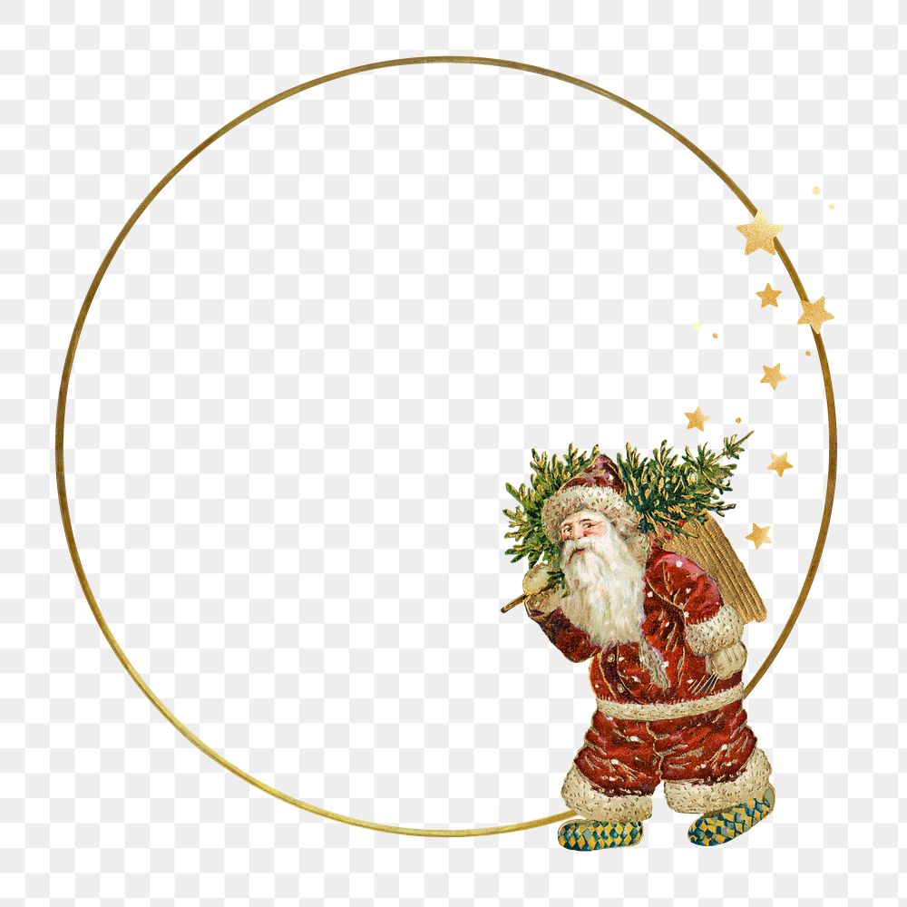 Santa Claus png frame, gold circle shape on transparent background