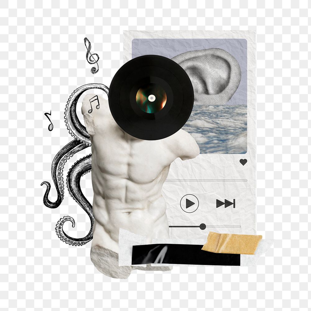 Vinyl record-headed man png sticker, creative collage on transparent background