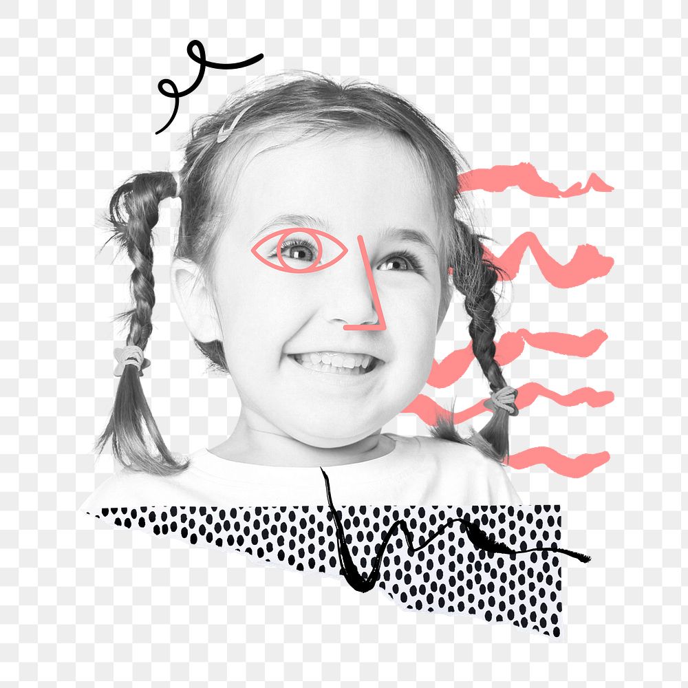 Little girl portrait png sticker, cute face doodle, abstract collage  on transparent background