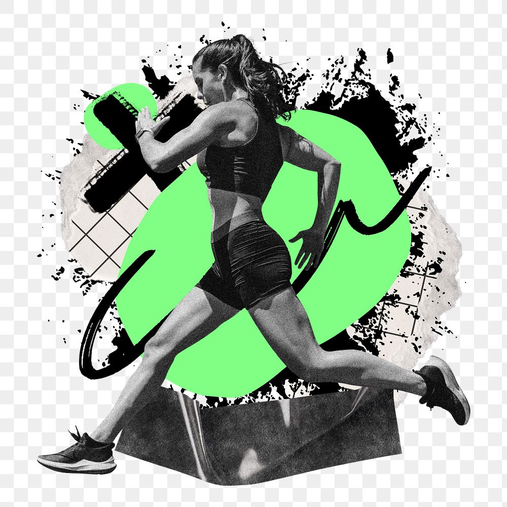 Running fit woman png sticker, abstract graffiti collage  on transparent background