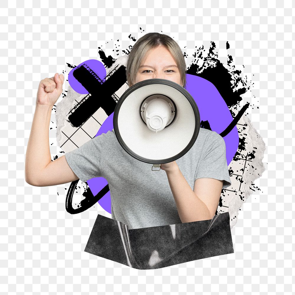 Protesting woman png sticker, abstract graffiti collage  on transparent background