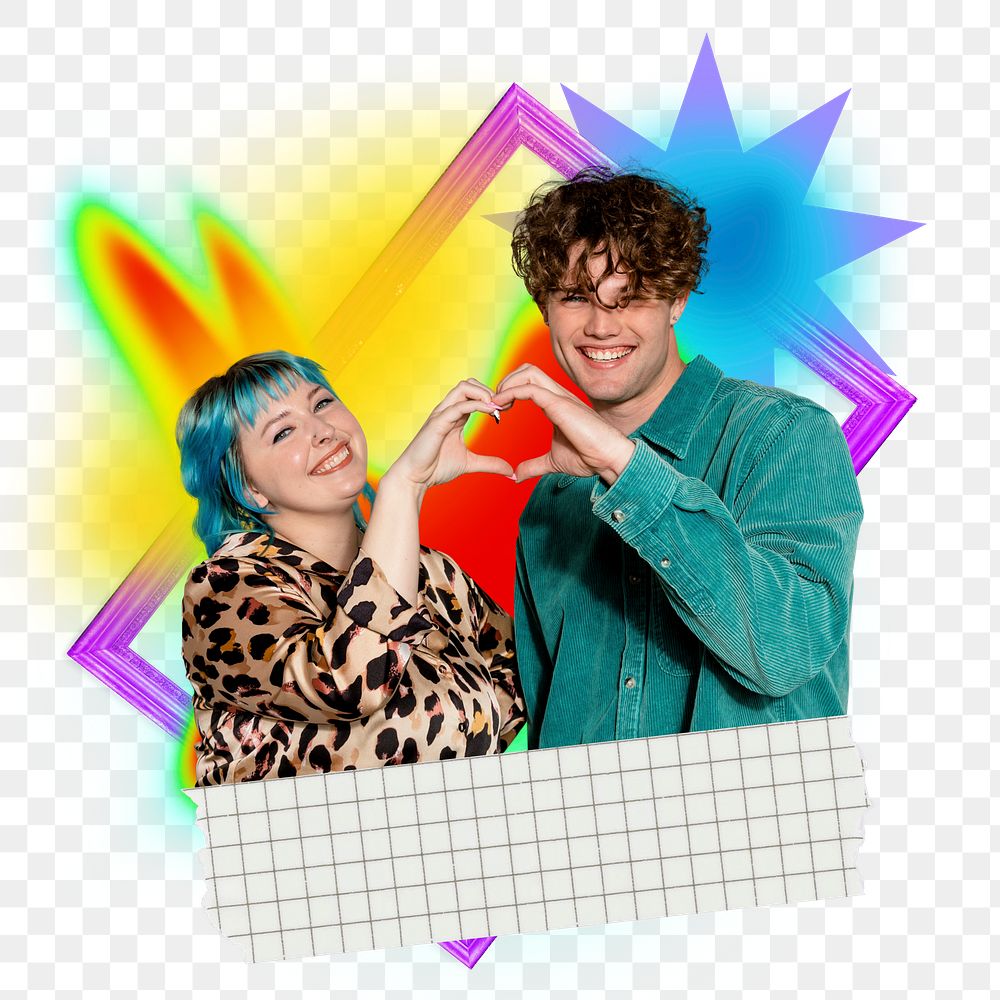 Couple heart hands png sticker, creative neon gradient remix on transparent background