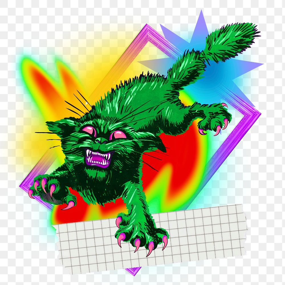 Scary screeching cat png sticker, creative neon gradient remix on transparent background