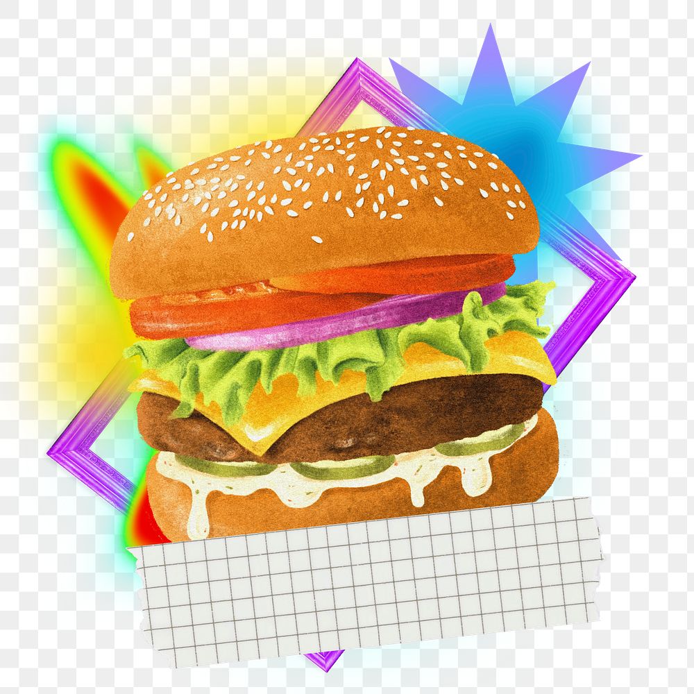 Juicy hamburger png sticker, creative neon gradient remix on transparent background