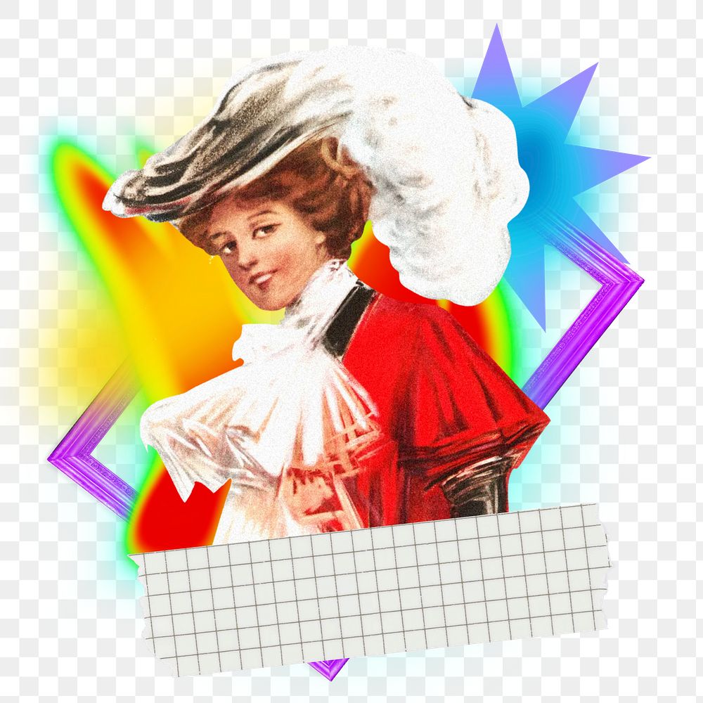 Victorian woman png sticker, creative neon gradient remix on transparent background