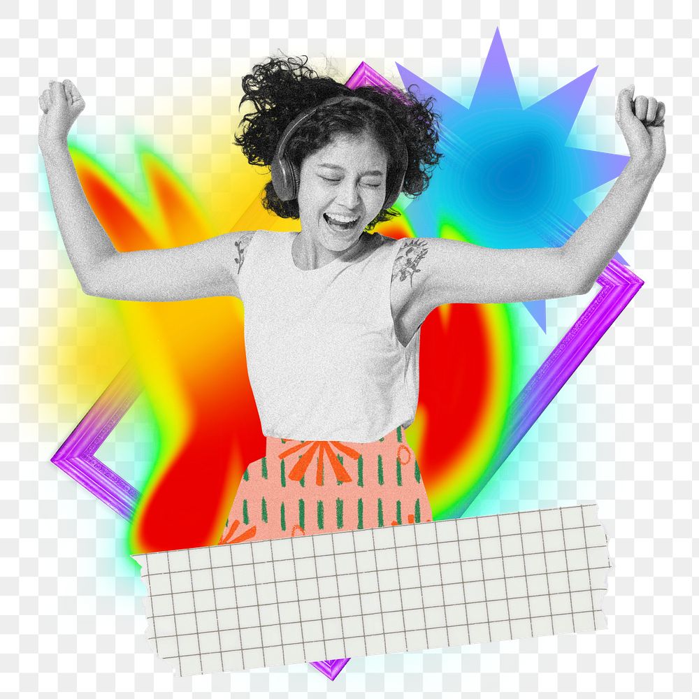Jumping teenage girl png sticker, creative neon gradient remix on transparent background