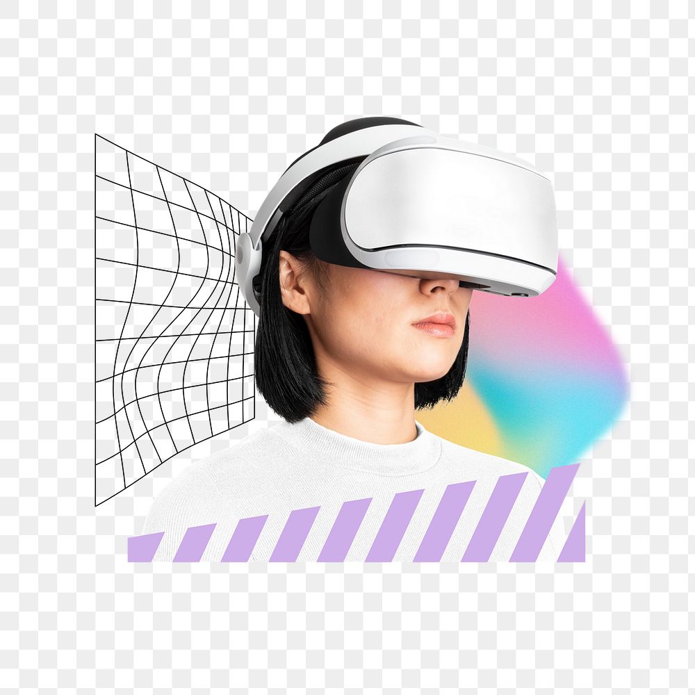 VR woman png sticker, creative pastel holographic remix on transparent background