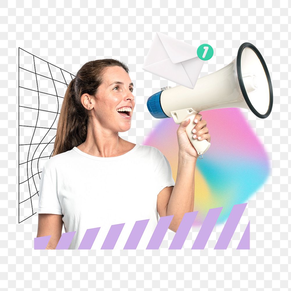 Woman holding megaphone png sticker, creative pastel holographic remix on transparent background