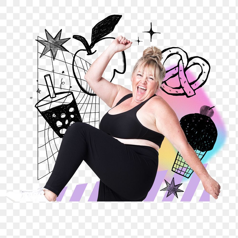 Plus-size woman dancing png sticker, creative pastel holographic remix on transparent background
