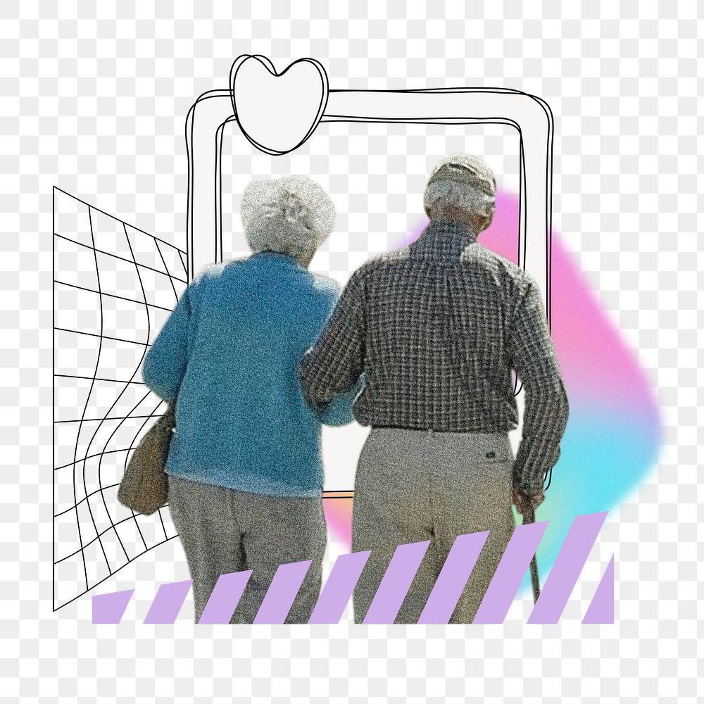 Senior couple png sticker, creative pastel holographic remix on transparent background