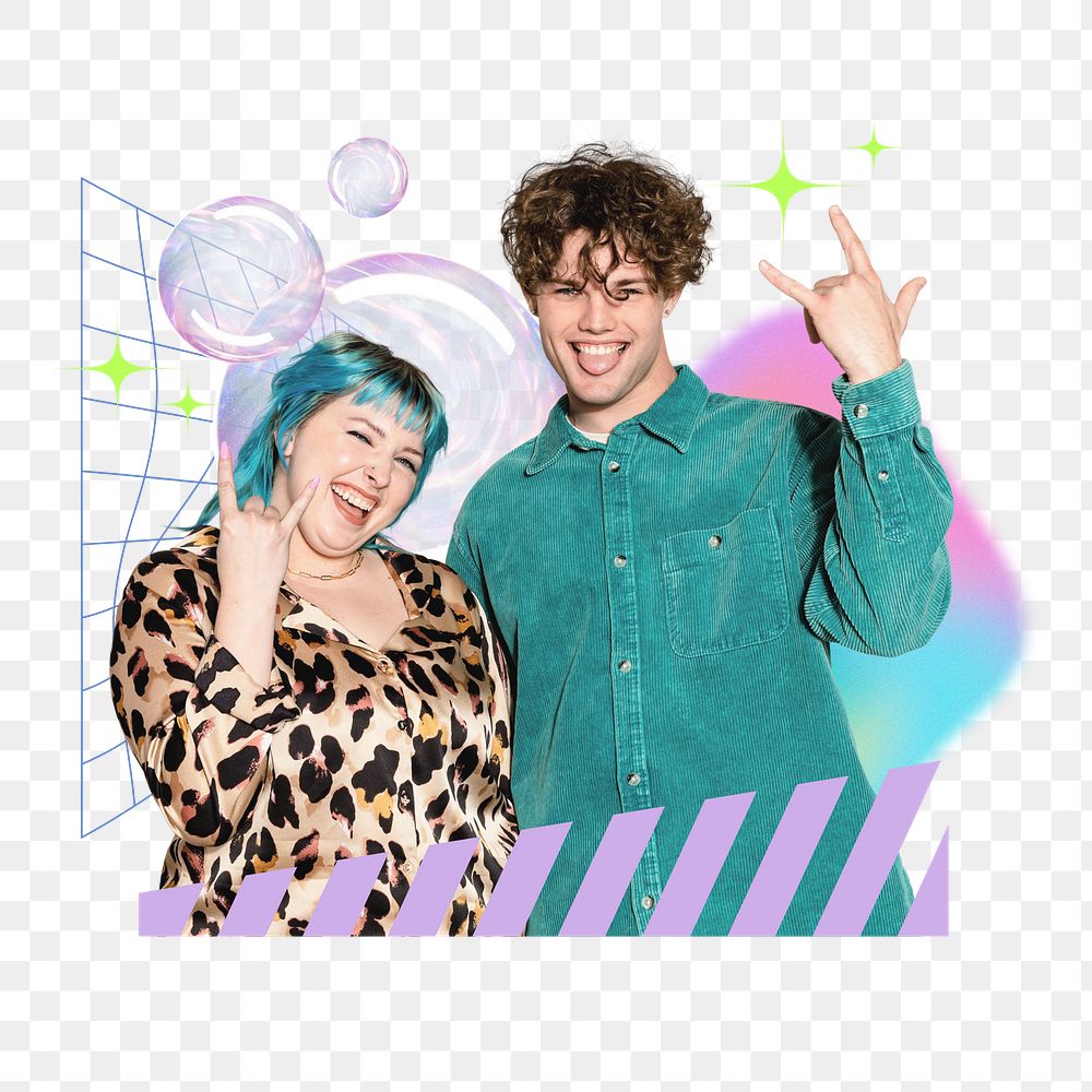 Cute couple png sticker, creative pastel holographic remix on transparent background