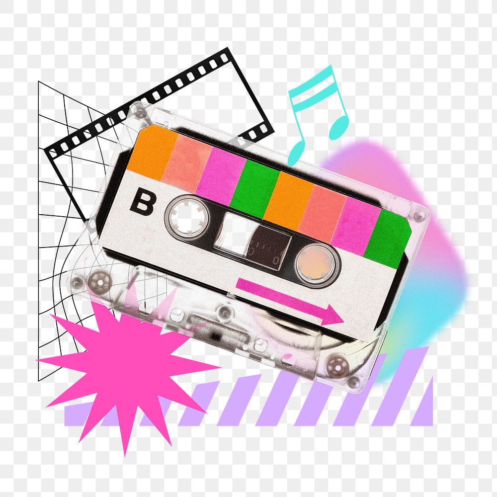 Retro cassette tape png sticker, creative pastel holographic remix on transparent background