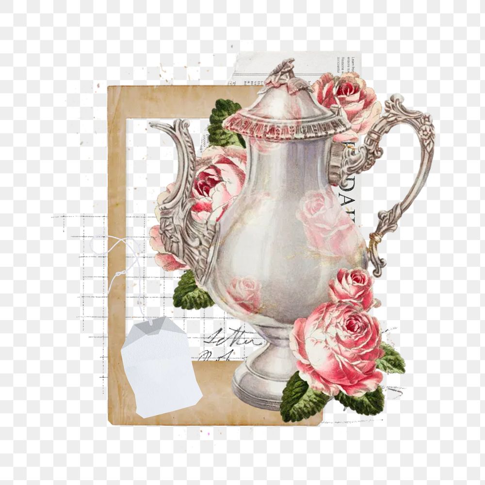 Vintage teapot png floral, transparent background
