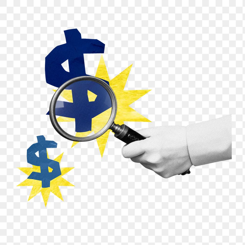 Investor finding png, hand holding magnifying glass, finance remix, transparent background