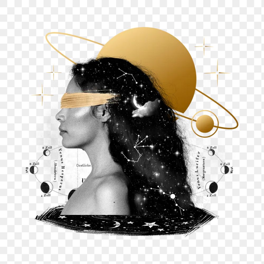 Astrology goddess png, celestial art collage, transparent background