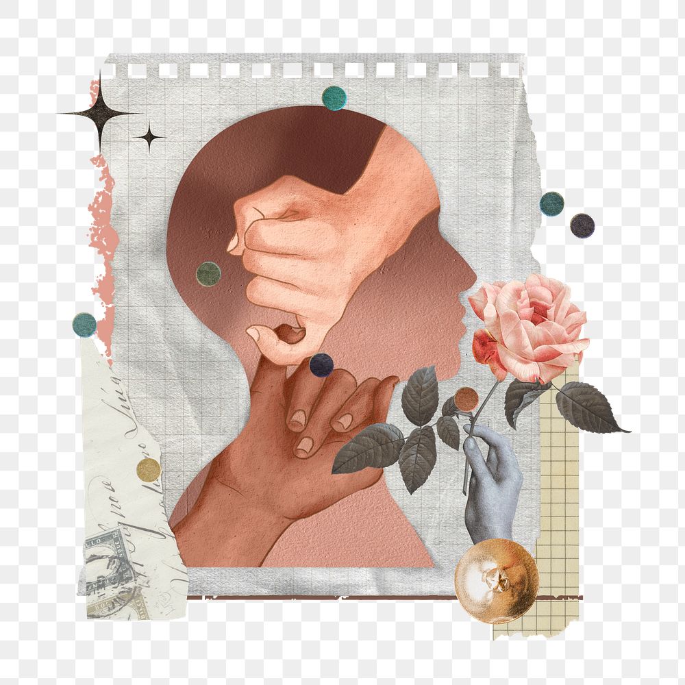 Diverse pinky promise png sticker, note paper collage art with human head silhouette on transparent background
