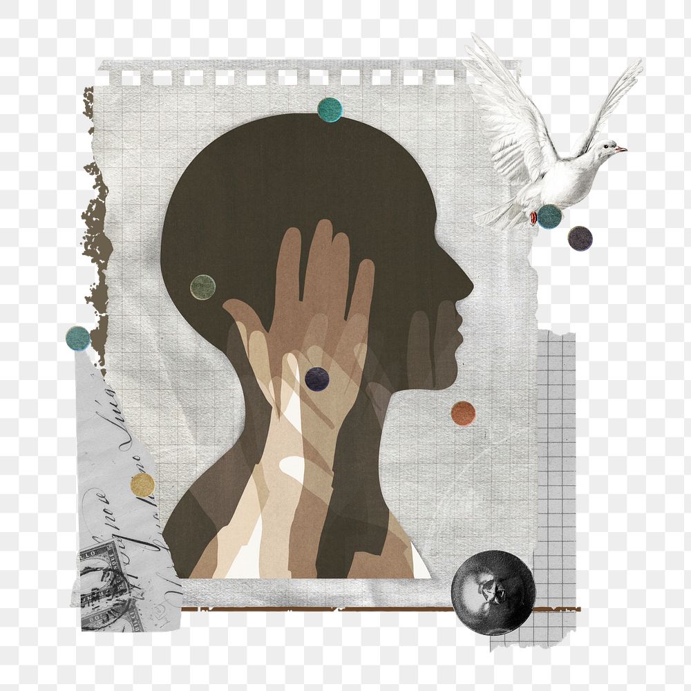 Raised diverse hands png sticker, note paper collage art with human head silhouette on transparent background