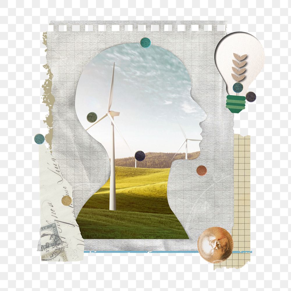 Wind turbine farm png sticker, note paper collage art with human head silhouette on transparent background