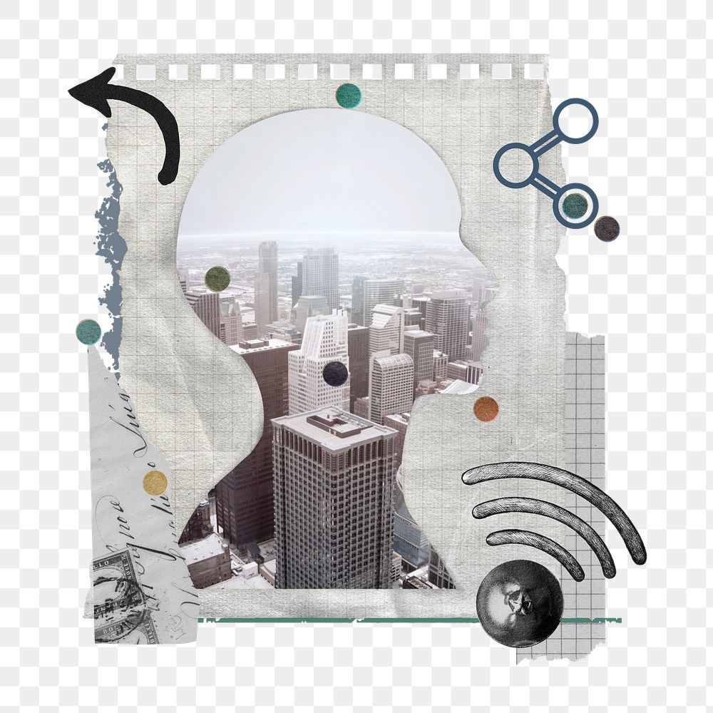 Office buildings png sticker, note paper collage art with human head silhouette on transparent background