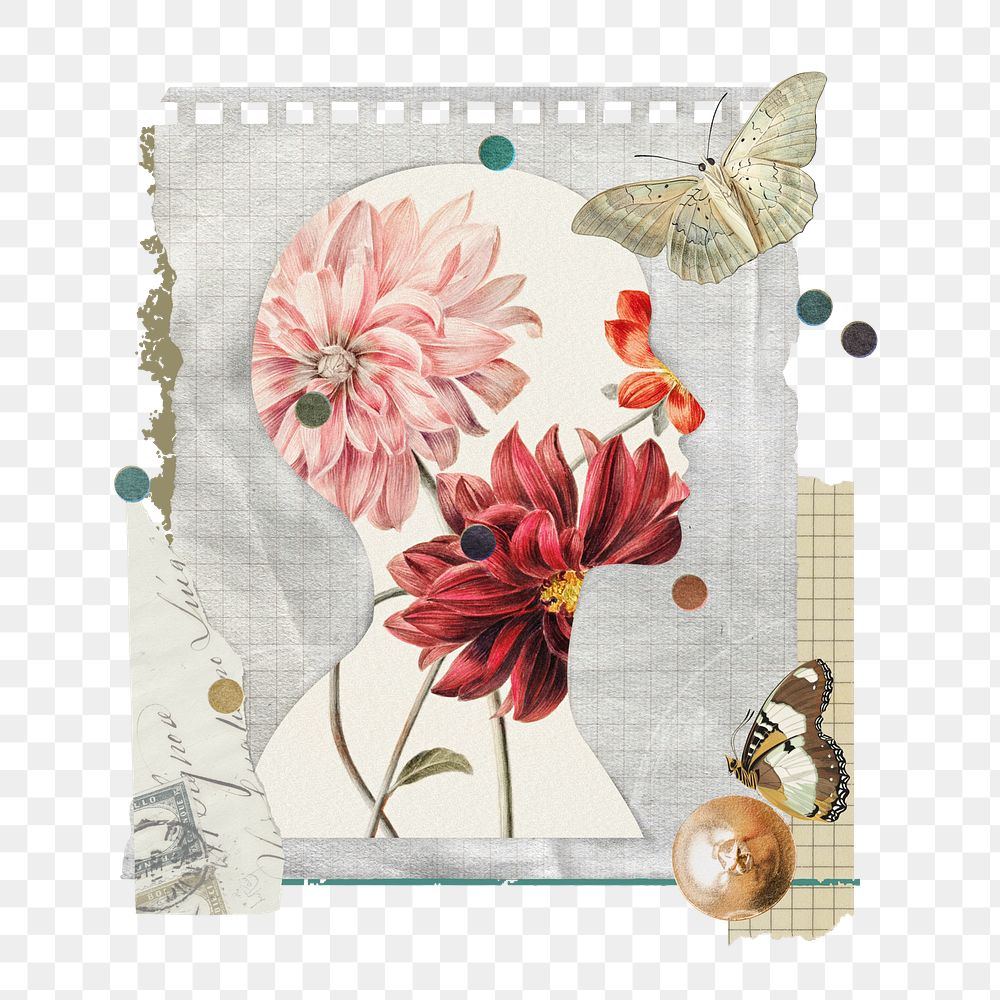 Dahlia flowers png sticker, note paper collage art with human head silhouette on transparent background