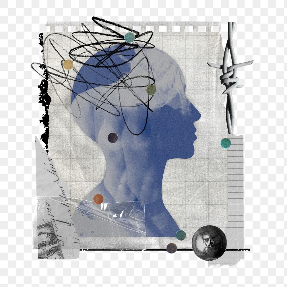 Mental health png sticker, note paper collage art with human head silhouette on transparent background