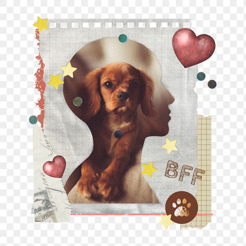 Dog lover png sticker, note paper collage art with human head silhouette on transparent background