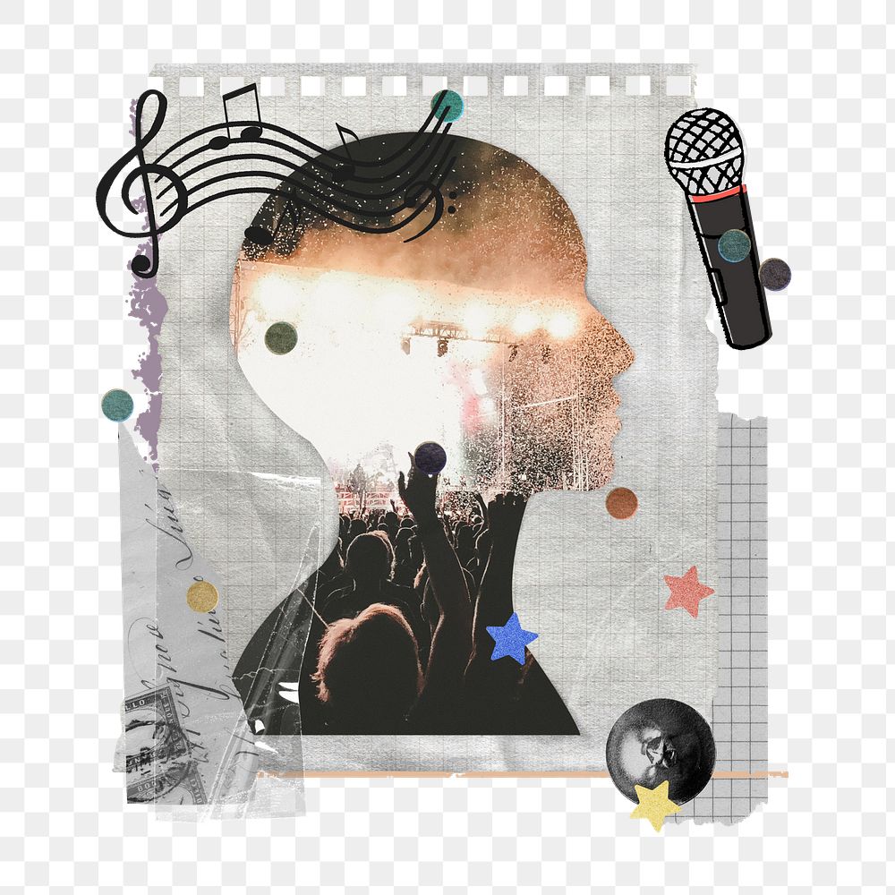 Live music concert png sticker, note paper collage art with human head silhouette on transparent background