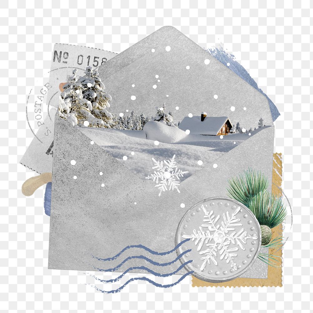 Winter Christmas png sticker, open envelope collage art on transparent background