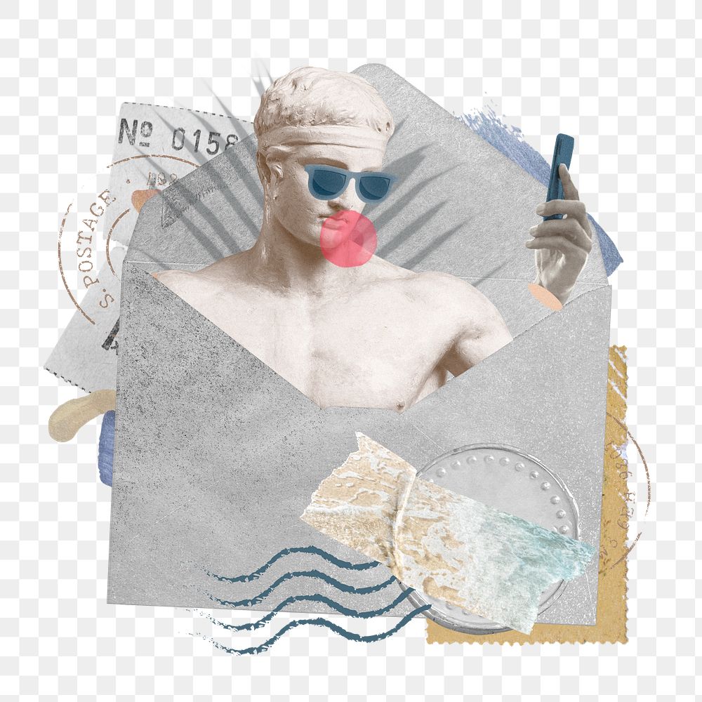 Greek God hipster png sticker, open envelope collage art on transparent background