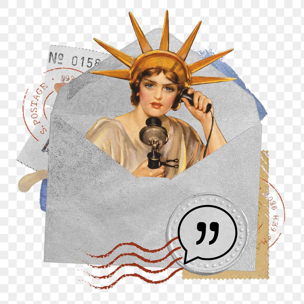Statue of Liberty png sticker, open envelope collage art on transparent background