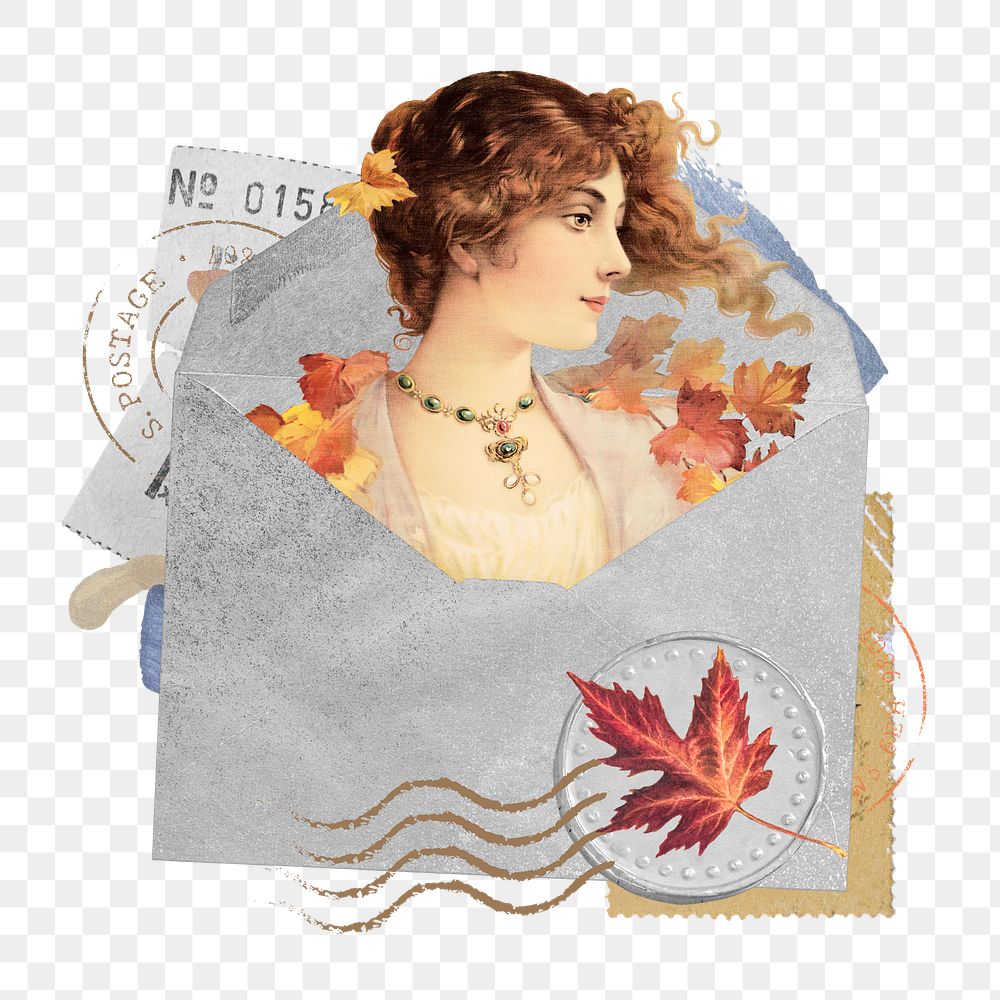 Autumn queen png sticker, open envelope collage art on transparent background