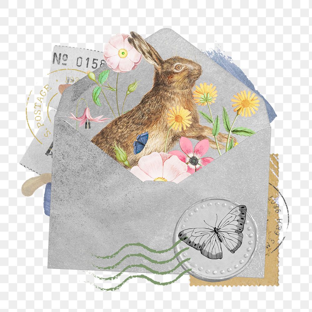 Easter bunny png sticker, open envelope collage art on transparent background
