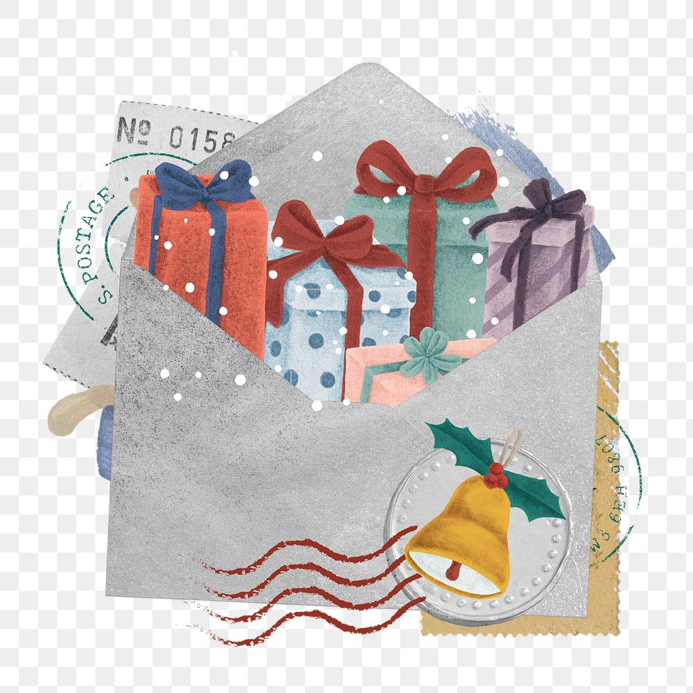 Christmas gift boxes png sticker, open envelope collage art on transparent background