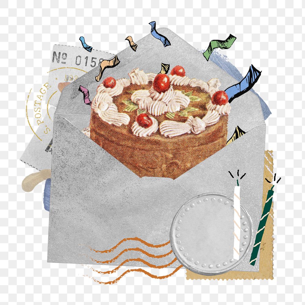 Birthday cake png sticker, open envelope collage art on transparent background