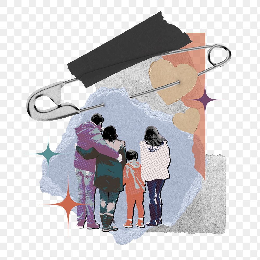 Happy family png sticker, creative safety pin paper collage on transparent background