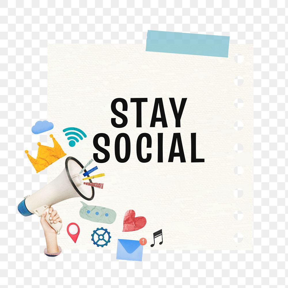 Stay social png digital marketing notepaper collage sticker, transparent background