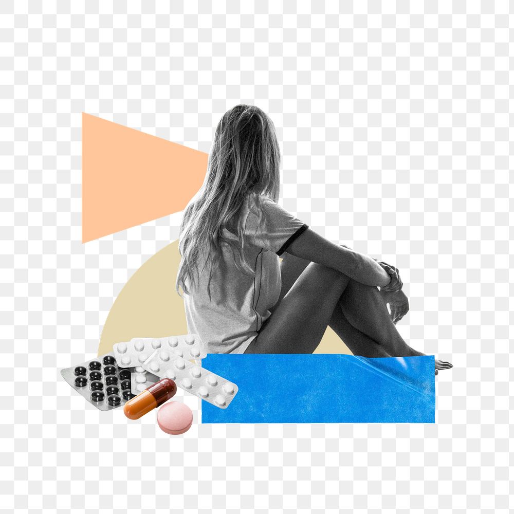 Women's mental health png, wellness collage art, transparent background