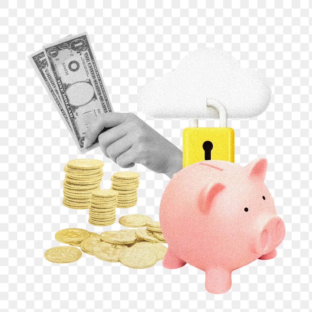 Piggy bank savings png, finance collage art, transparent background