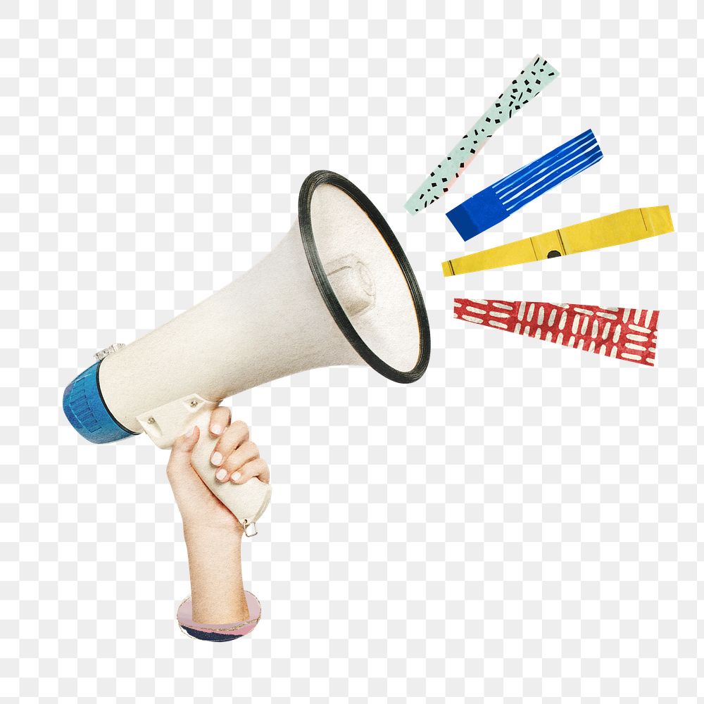 Hand holding megaphone png sticker, creative collage on transparent background